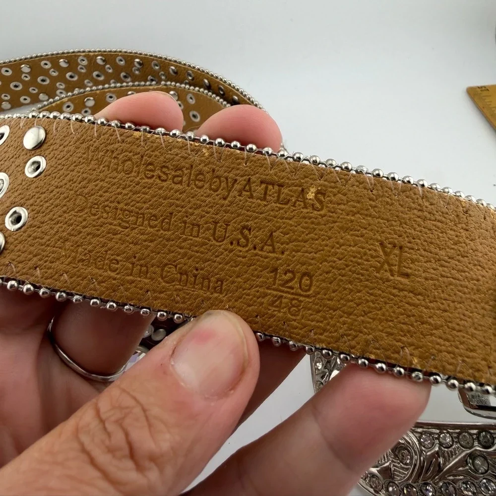 WholesalebyATLAS Western Belt XL Brown Excellent Crystal Studded Hair-on-Hide